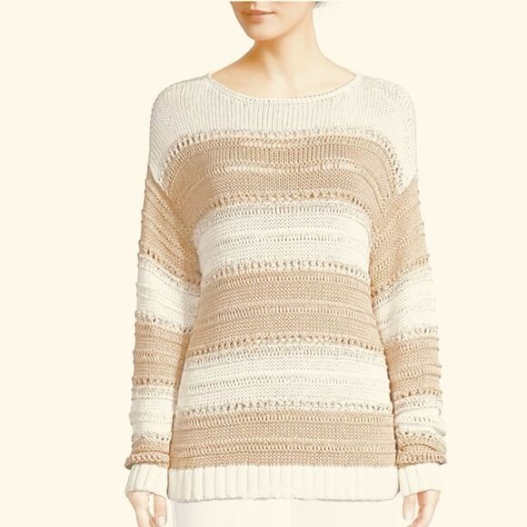 NWT Lafayette 148 New York Striped Sweater open stitch lurex sequin silk yarn - Picture 1 of 13